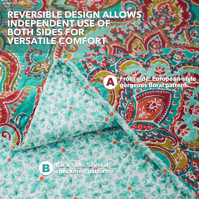 NEWLAKE Cotton Bedspread Quilt Sets-Reversible Patchwork Coverlet Set, European Gorgeous Floral Pattern, California King Size
