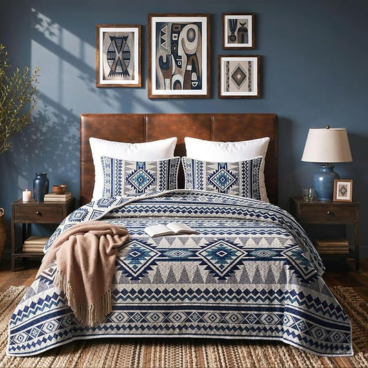 akkialla Reversible Blue Boho Twin Quilt Set, 2-Piece Bohemian Aztec Microfiber Bedspread, Soft Lightweight All-Season Coverlet (1 Quilt, 1 Sham)