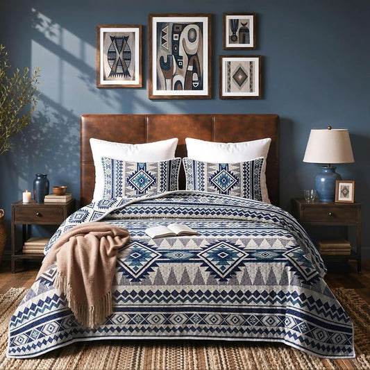 akkialla Reversible Blue Boho King/Cal King Quilt Set, 2-Piece Bohemian Aztec Microfiber Bedspread, Soft Lightweight All-Season Coverlet (1 Quilt, 2 Shams)