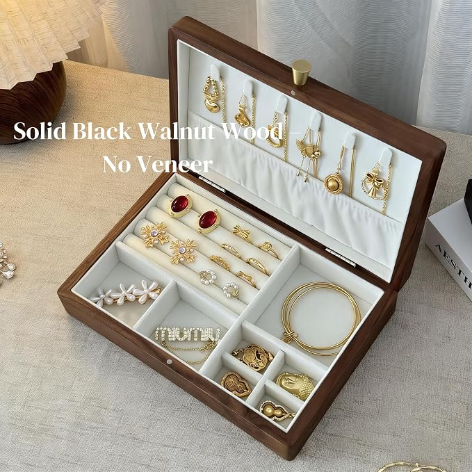 Bescott 1 Layer Solid Black Walnut Wooden Jewelry Box for Women Wood Vintage Organizer for Men Earrings Rings Necklaces Bracelet Watch Storage
