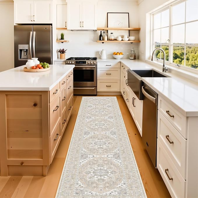 Washable Kitchen Runner Rug 2x10: Non-Slip Hallway Entryway Rugs with Rubber Backing Stain Resistant Soft Thin Low Pile Carpet for Bedroom Indoor Vintage Home Decor Mat for Bathroom (Beige/Cream,2x10)