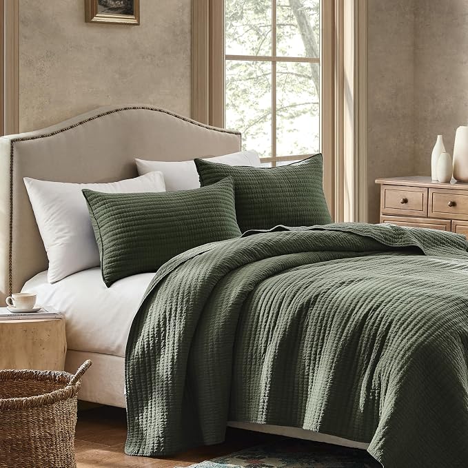 WDCOZY 100% Cotton King Size Quilt Set - Olive Green Striped Pick Stitch Soft Lightweight Bedspread, Textured Like Linen, Farmhouse Country Rustic Coverlet, Shabby Chic Gauze Bedding, 3 Pieces