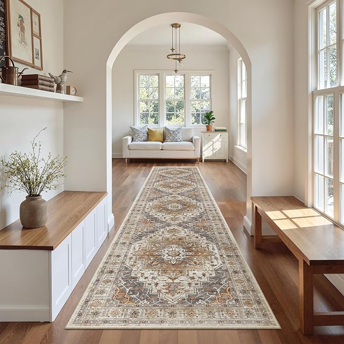 Madane Hallway Runner Rug 2'6''x12' Kitchen Runners Vintage, Turmeric/Grey | Non-Slip Washable Rugs 12ft for Laundry Room, Entryway and Bedroom, Soft Low Pile Stain-Resistant Wide 2.5x12 Ft Floor Carpet