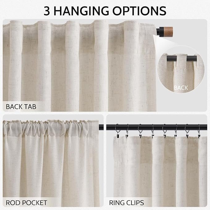 Pearl White Linen Curtains 102 Inches Long for Living Room Light Filtering Semi Sheer Curtain Back Tab Coastal Decor Floor to Ceiling Modern Drapes for Bedroom Office 52x102, 2 Panels