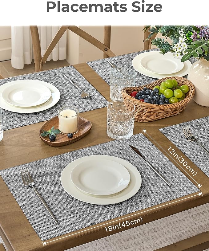 Leetaltree Grey Placemats, Heat Resistant Non-Slip Place mats for Dining Table, Washable Durable PVC Vinyl Woven Table Mats (Set of 8)