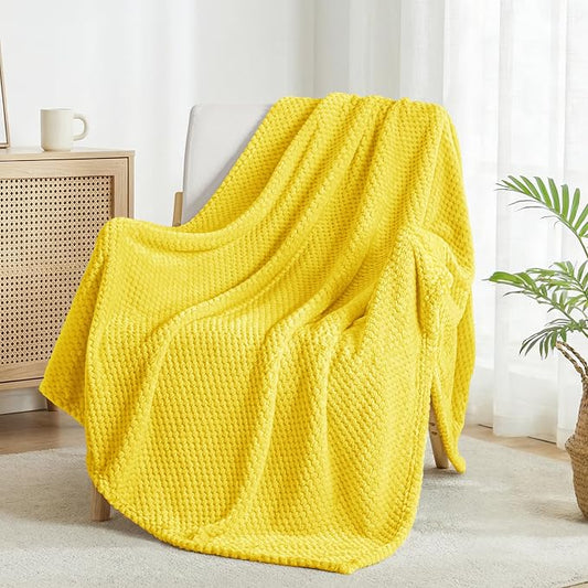 Exclusivo Mezcla Large Waffle Fleece Throw Blanket for Couch, Yellow | Lightweight Soft Blanket for Sofa, Bed, Living Room, Plush Fluffy Throw for Home Decor, Travel, All Season, 50x70 Inches