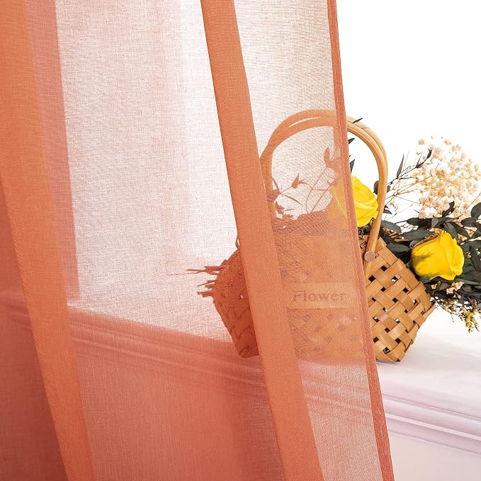 MIULEE Fall Burnt Orange Linen Textured Semi-Sheer Curtains 54W×72L | Semi Transparent, Farmhouse, Window Net Panels with Rod Pocket for Bedroom Living Room