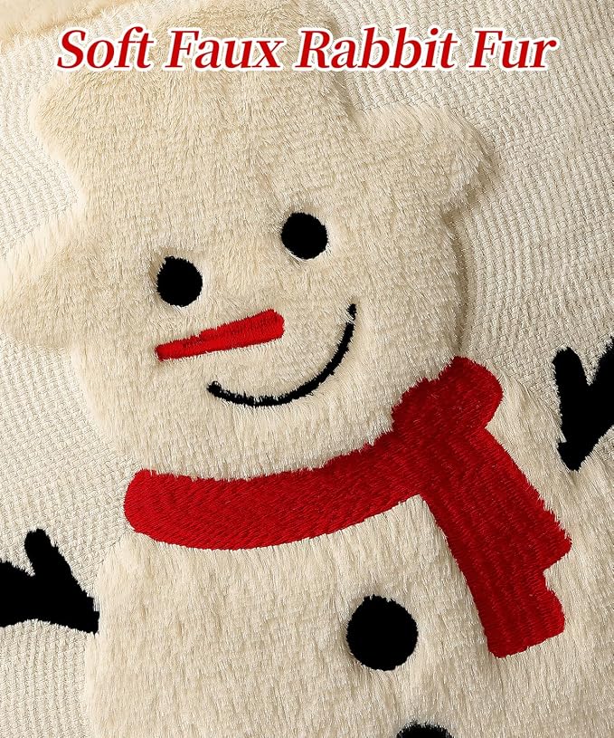 Christmas Pillow Covers Set of 2 Soft Plush Faux Fur Pillow Cases 3D Embroidered Decorative Couch Cover Home Decor Christmas Throw Pillow Covers 18x18,Beige Snowman