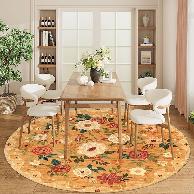 DUKINO 6ft Round Rug, Soft Washable Circle Rug for Bedroom Non Slip, Orange | Low Pile, Stain Resistant Indoor Rug for Living Room, Dining Room, Kids Room, Office, Pet Friendly, Home Decor, Non-Shedding