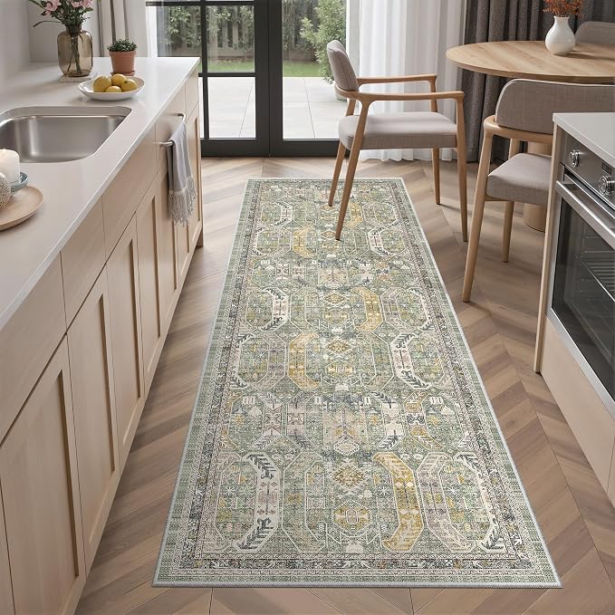 Madane Washable Runner Rug 2x6 Runners for Hallways Non Slip, Green/Gold | Vintage Stain-Resistant 6 Feet Kitchen Rug, Soft Low-Pile Ultra-Thin Floor Carpet Mat for Bathroom Laundry Room Bedroom 2x6ft