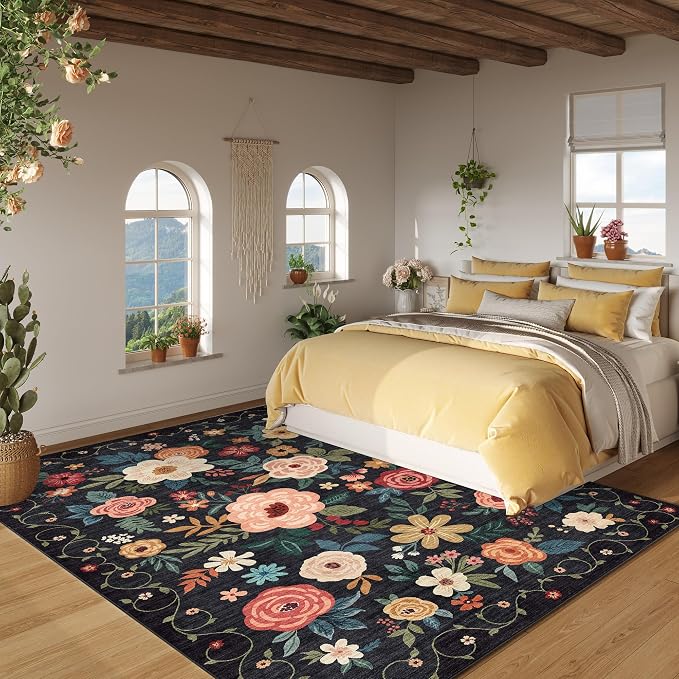 DUKINO 5x7 Area Rugs, Floral Washable Rug for Living Room Non Slip, Black | Soft, Low Pile, Stain Resistant Indoor Rug for Bedroom, Dining Room, Office, Pet Friendly, Lightweight, Modern Home Decor