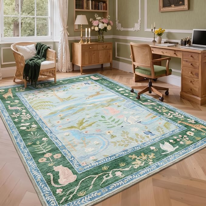 Jungle Animal Print 3x5 Washable Rug for Girls Bedroom Non Slip Blue Bohemian Whimsical Small Throw Carpet Low Pile Forest Fairy Tale Area Rugs for Living Room Nursery Bedroon, Teal/Blue