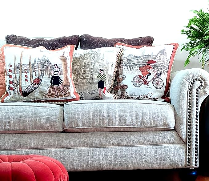 Tache Orange Burgundy Tapestry Throw Pillow Cover - Flowers of Florence- 18 Inch Square Vintage French Girl on a Bicycle- 2 Piece