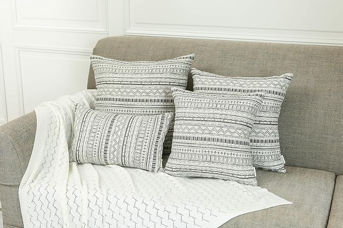 Mika Home Pack of 2 Throw Pillow Cases,Striped, 22x22 Inches, Gray Cream | Decorative Pillow Covers, Home Decoration, Bohemian Striped Geometric Pattern