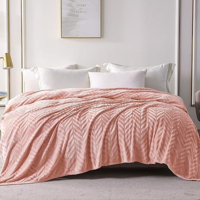 Whale Flotilla Flannel Fleece Bed Blanket King Size, Pink | Lightweight Breathable Soft Bedspread, Plush Fluffy Coverlet Chevron Design Decorative Blanket for All Season, 90x104 Inch