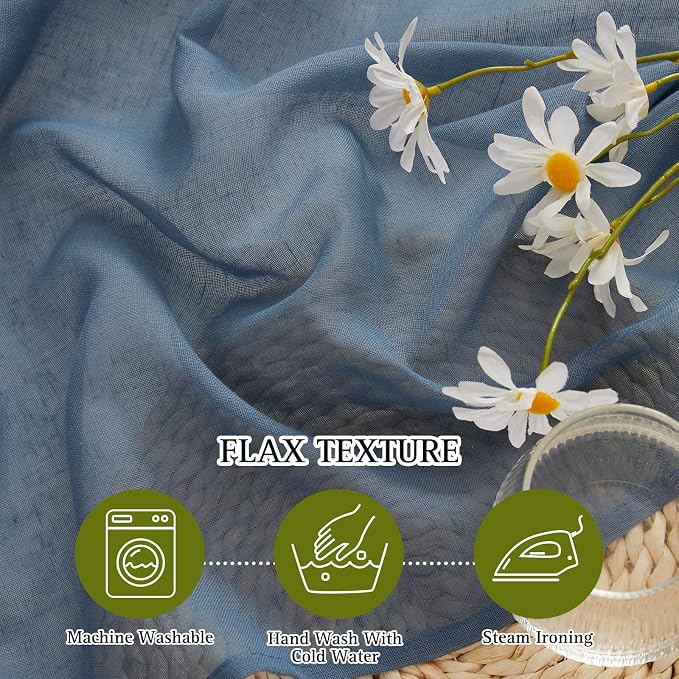 NICETOWN Linen Sheer Stone Blue Curtains 63 inch Length, Grommet Top Casual Semi Sheer Privacy Window Drapes with Light Penetration for Beach House/Bedroom, W52 x L63, 2 Panels