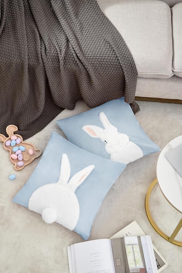 Pack of 2 Spring Easter Pillow Covers 18x18 Inch,3D Embroidered Bunny Rabbit Pillowcase Throw Covers Velvet Easter Decorative Cushion Cover (Blue-2PCS)