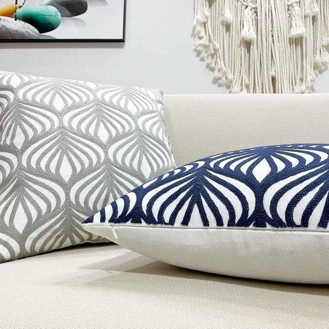 Slow Cow Embroidery Decorative Throw Pillow Cover Case for Couch Sofa Home Decor Modern Geometric Accent Pillow Cushion Cover 18 x 18 Inches Navy Blue