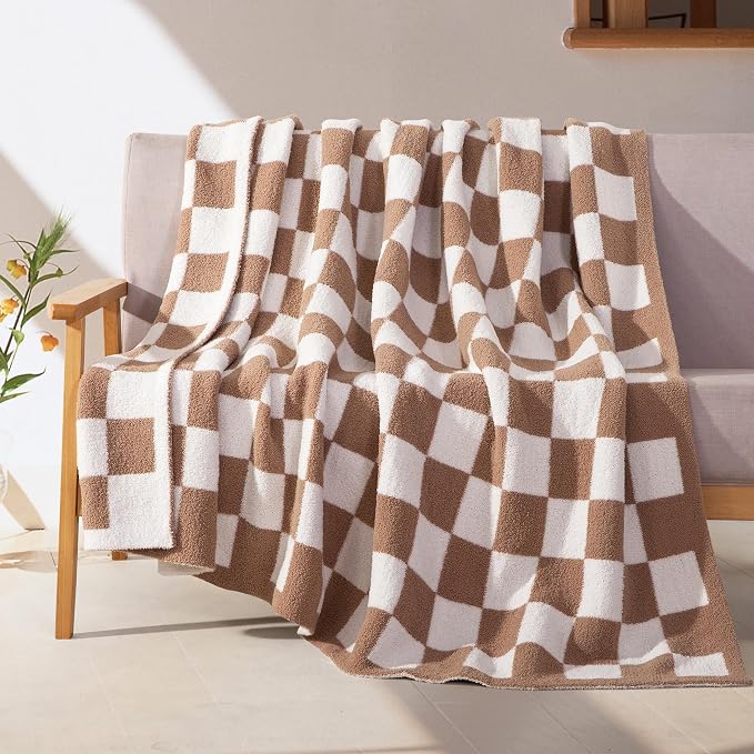 Elegant Comfort Premium Checkered Reversible Throw Blanket - Ultra Soft and Lightweight, Luxury Knitted Breathable Fleece for Couch, Bed, Sofa - Warm Velvet Fluffy Throw, 50 x 70 Inch, Taupe