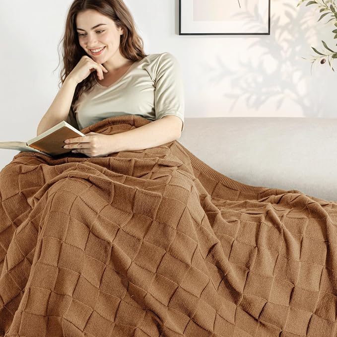Whale Flotilla Checkered Knit Throw Blanket for Couch, Brown | Soft Decorative Knitted Blankets for Couch Sofa Bed, Lightweight Cozy Throws for Spring Summer, 50x60 Inch