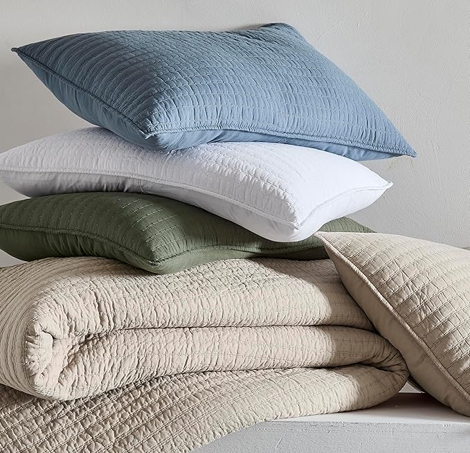 WDCOZY 100% Cotton King Size Quilt Set - Olive Green Striped Pick Stitch Soft Lightweight Bedspread, Textured Like Linen, Farmhouse Country Rustic Coverlet, Shabby Chic Gauze Bedding, 3 Pieces