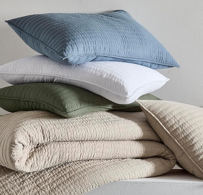 WDCOZY 100% Cotton Oversized King Size Quilt Set - Grey California Cal King Striped Pick Stitch Soft Lightweight Bedspread, Textured Like Linen, Farmhouse Country Rustic Coverlet, 3 Pieces