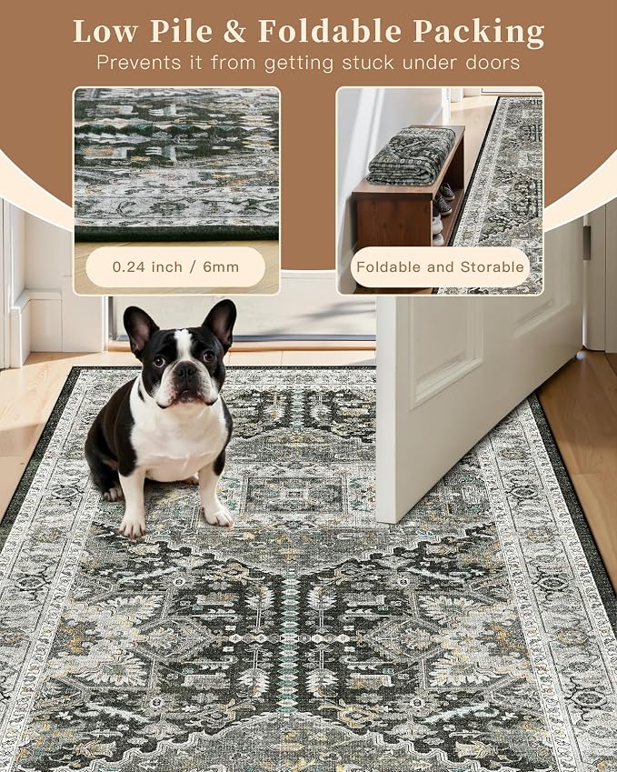 Madane Washable Runner Rugs 2x10 for Hallway Kitchen Grey Green/Black Olive | Non-Slip Low-Pile 10ft Rug Runners Soft, Stain-Resistant Floor Carpet Mat for Entrance, Living Dining Laundry Room, Stair