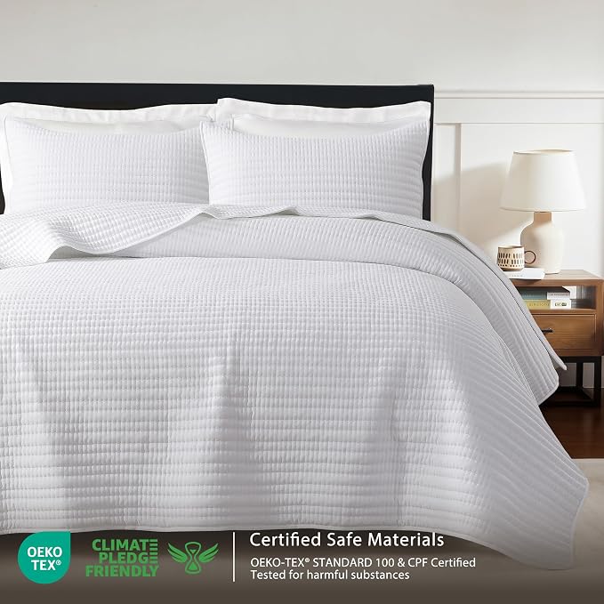 WDCOZY King Size Pick Stitch Quilt Set, 3 Pieces 104x90 inches, White | Striped Lightweight Bedspread, Channel Farmhouse Coverlet, Thin Bedding Comforter, All Season Summer Spring, 2 Pillow Shams