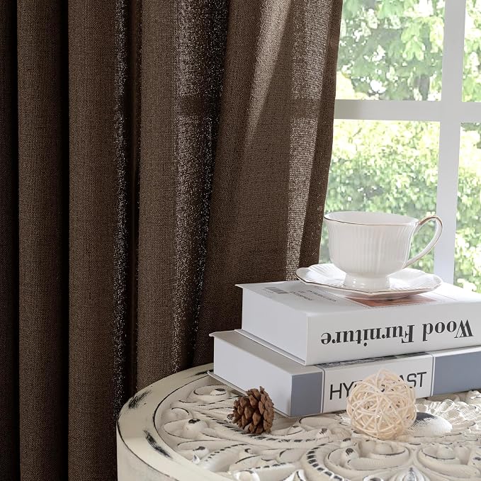 YoungsTex Brown Linen Curtains 48 Inches Long, Light Filtering Drapes Privacy with Rod Pocket Back Tab for Bedroom Living Room Window, 2 Panels, 42 X 48 Inch