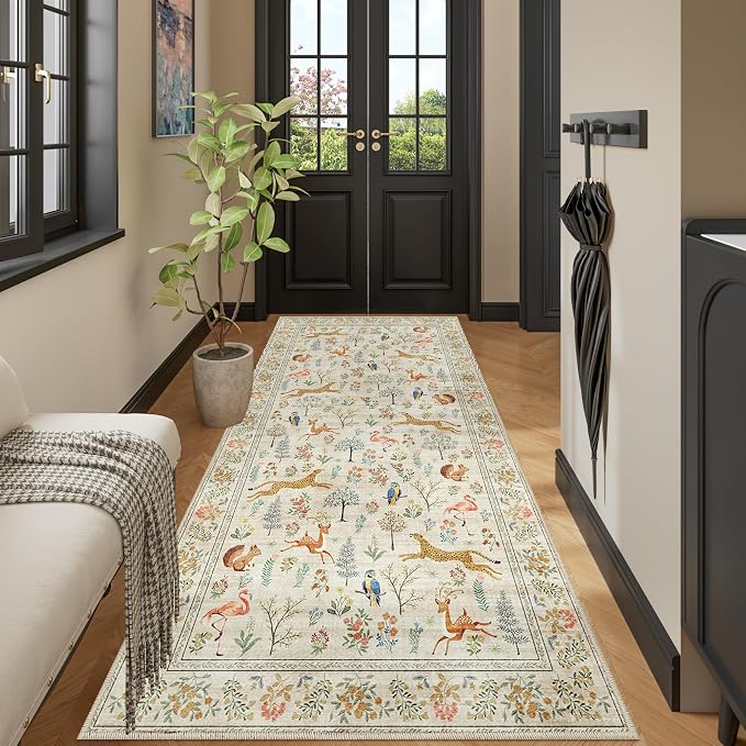 DUKINO 3x8 Runner Rug, Animal Washable Runner Rug for Kitchen, Beige | Non Slip, Low Pile, Soft Indoor Carpet Runner for Hallway, Entryway, Bedroom, Bathroom, Laundry, Pet Friendly, Non-Shedding