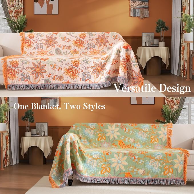 Phuryllic Boho Throw Blanket Twin Size, Soft Cozy Cotton Muslin Quilt Blanket for Bed Decor, Floral Patterned Couch Sofa Chair Cover, Vintage Farmhouse Cottage Tapestry Woven Blanket, Coral&Green