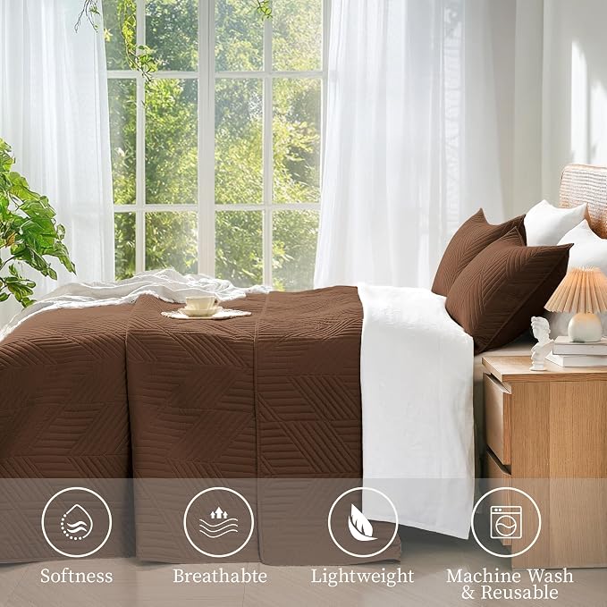 Davulos Twin Quilt Set, Brown Lightweight Reversible Bedspread for All Seasons, Soft Modern Microfiber Geometric Coverlet for Kids or Guest Bedroom (1 Quilt, 1 Pillow Sham)