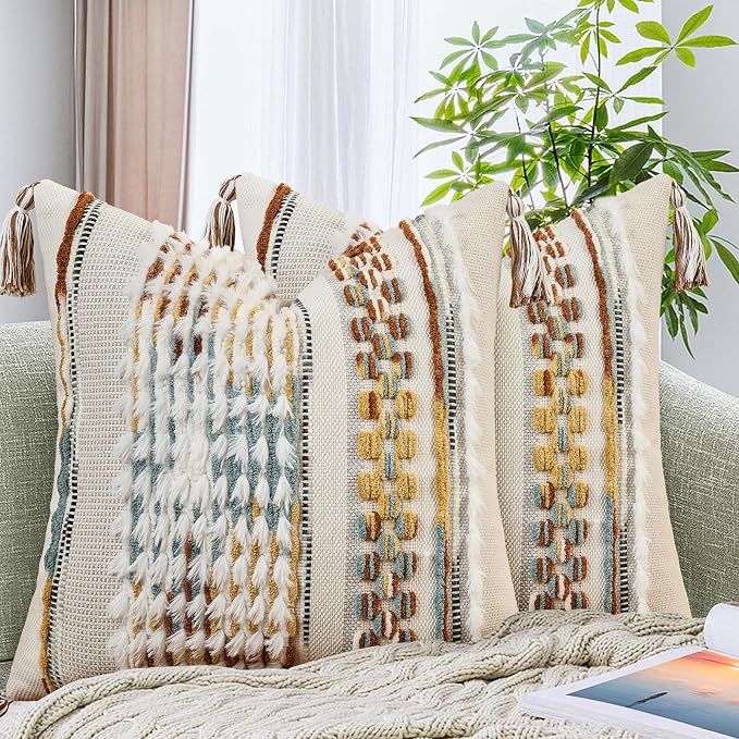 AmHoo Set of 2 Chenille Striped Tufted Textured Boho Throw Pillow Covers Aesthetic with Tassels Woven Decorative Pillow Case for Couch Bed Sofa Bedroom Modern Funky 18 x 18-Inch Brown White