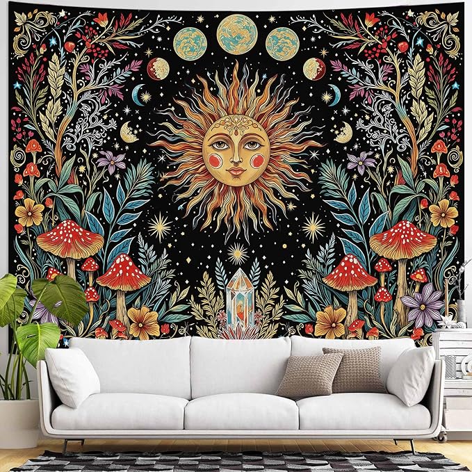 Accnicc Boho Sun and Moon Tapestry Hippie Mushroom Floral Wall Tapestry for Bedroom Aesthetic Vintage Plant Celestial Spiritual Large Tapestries Wall Hanging for Dorm Living Room Decor 80 x 60 Inch