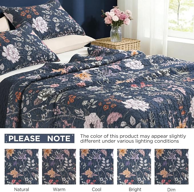Litanika Floral Dark Blue Quilt - 3Pcs Botanical Birds Pattren Bed Set | Super King Plus Bedspread Summer Lightweight Soft Coverlet with Pink Flower for All Seasons(128"x120")
