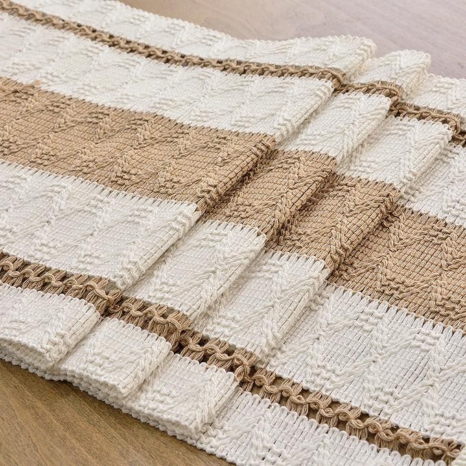 FEXIA Boho Table Runner with Tassels 12x72 Inch for Fall Home Decor | 72 Inches Long Pottery Barn Furniture Farmhouse Rustic Macrame Burlap Table Decoration for Living Room Kitchen Baby Shower