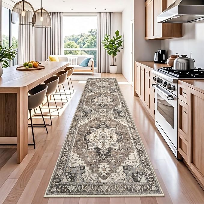 Washable Hallway 3x12 Runner Rug - Non-Slip Kitchen Entryway Rugs with Rubber Backing Vintage Soft Stain Resistant Carpet for Bedroom Indoor Ultra-Thin Home Decor Mat for Living Room (Beige,3x12)