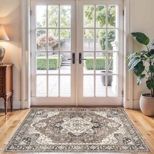 RUUGME Washable 3x4 Entryway Rug - Vintage Low Pile Area Rugs Non-Slip Stain Resistant Carpet for Entrance Kitchen Hallway Soft Thin Indoor Floor Decor Mat for Bedroom Front Door Bathroom(Beige,3x4)