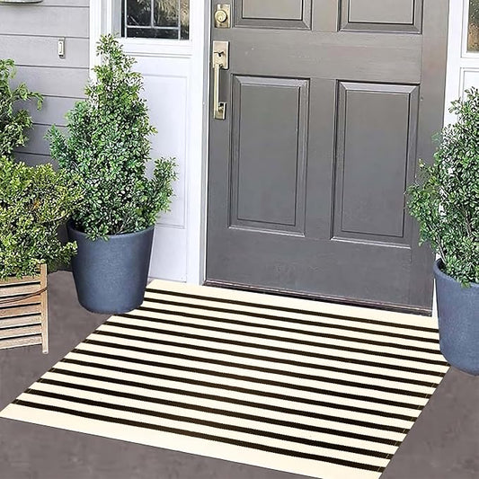 BUAGETUP Front Layered Door Mat 2'x3',Black and Beige Striped Outdoor Rug Machine Washable Cotton Outdoor Door MatEntryway Throw Rug for Indoor Entrance