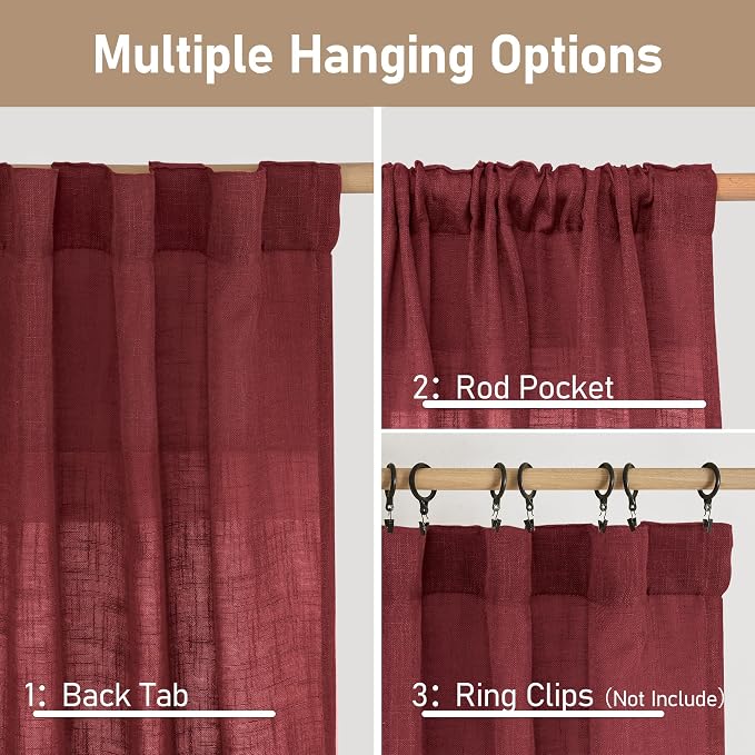 Burgundy Red Linen Curtains 54 Inch Length 2 Panels for Bedroom | Light Filtering Panels, Semi Sheer, Rod Pocket Back Tab, Neutral Drapes for Kitchen Window, Living Room, 52 x 54 Inch