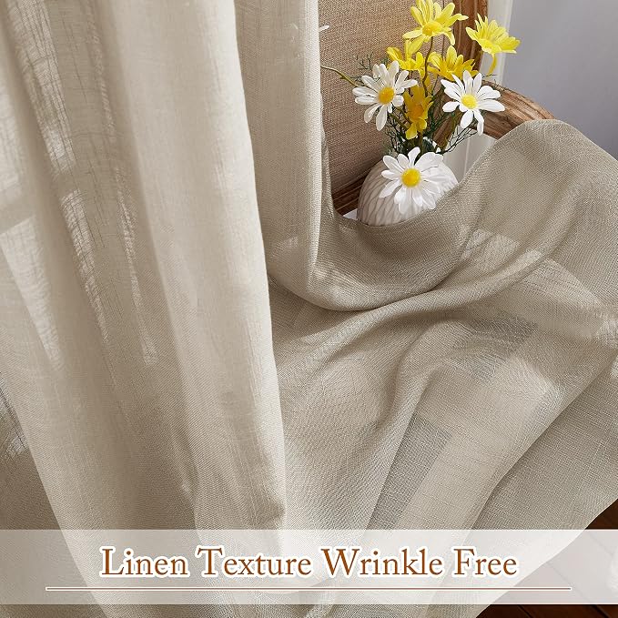 NICETOWN Privacy Linen Sheer Curtains, Rod Pocket & Back Tab Elegant Vertical Drapes Semi Sheer Soft Panels with 72 Inches Long for Bedroom/Nursery, 2 Panels=104" Wide, Taupe, Set of 2