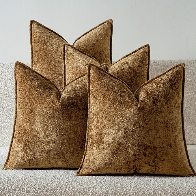 a moment Throw Pillow Covers 26X26 Inch 4 Packs,Soft Velvet Decorative Pillow Cases with 3D Ice Flower,Texture Modern Accent Cushion Covers for Sofa Couch Home Decor Golden Brown