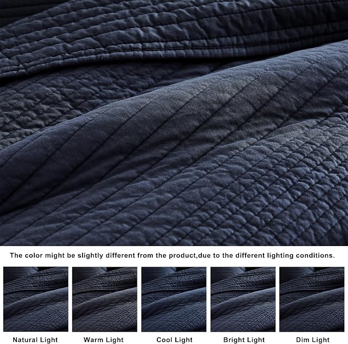 PALASSIO Striped Navy Blue 100% Cotton Quilt California Cal King Size Bedding Sets, Oversized Lightweight Channel Pick Stitch Textured Bedspread Soft Farmhouse Country Coverlet for All Season, 2 Shams