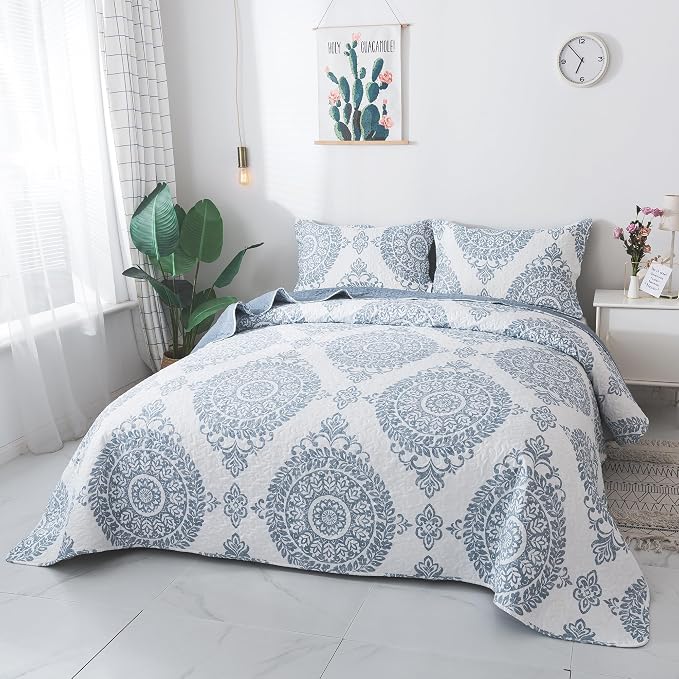 Travan 3-Piece Quilt Set Quilted Bedspread Lightweight Coverlet Set Floral Printed Oversized Quilted Bedding Set with Shams for All Season, Blue Floral, King Size