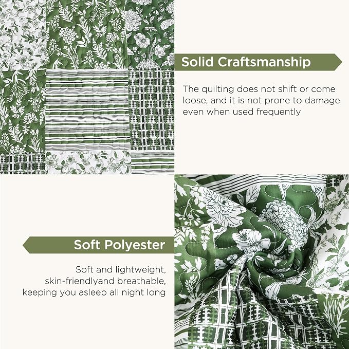 Litanika Floral Sage Quilt Queen - 3Pcs Botanical Birds Bedding Set | Patchwork Bedspread Summer Lightweight Soft Coverlet for All Seasons (96"x90")