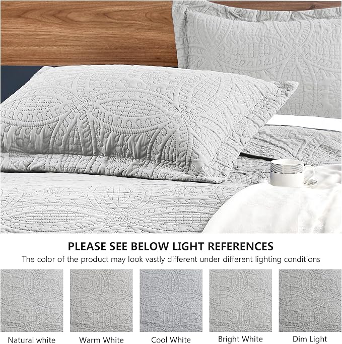 Love's cabin Quilts for Queen Bed Light Grey Bedspreads Bedding Set - Summer Lightweight Bedspread Comforter - Coin Pattern Bedding Coverlet for All Season - 3 Pieces (1 Quilt, 2 Pillow Shams)