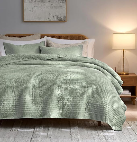 palassio Striped Sage Green 100% Cotton Quilt King Size Bedding Sets, Lightweight Crinkly Channel Pick Stitch Textured Bedspread Soft Shabby Chic Farmhouse Country Coverlet for All Season, 2 Shams