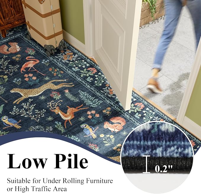 DUKINO 3x4 Rug, Washable Animal Area Rug for Entryway Non Slip, Navy Blue | Soft, Low Pile, Stain Resistant Indoor Carpet Runner for Entryway, Kitchen, Bedroom, Bathroom, Pet Friendly, Home Decor