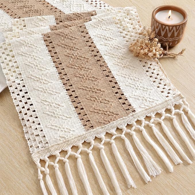 FEXIA Boho Table Runner 12x72 for Fall Home Decor Tassels Dresser Runner | 72 Inches Long Modern Farmhouse Rustic Burlap Table Decoration for Bedroom Living Dining Room Baby Shower Autumn Decor