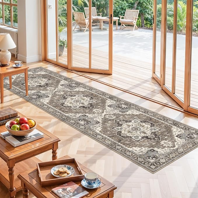 RUUGME Runner Rug 2'6x10 Washable: Non-Slip Boho Runner Rugs for Kitchen Hallway Entryway Soft Low Pile Ultra Thin Carpet Vintage Distressed Home Decor for Bathroom Laundry Room (Beige,2'6''x10')